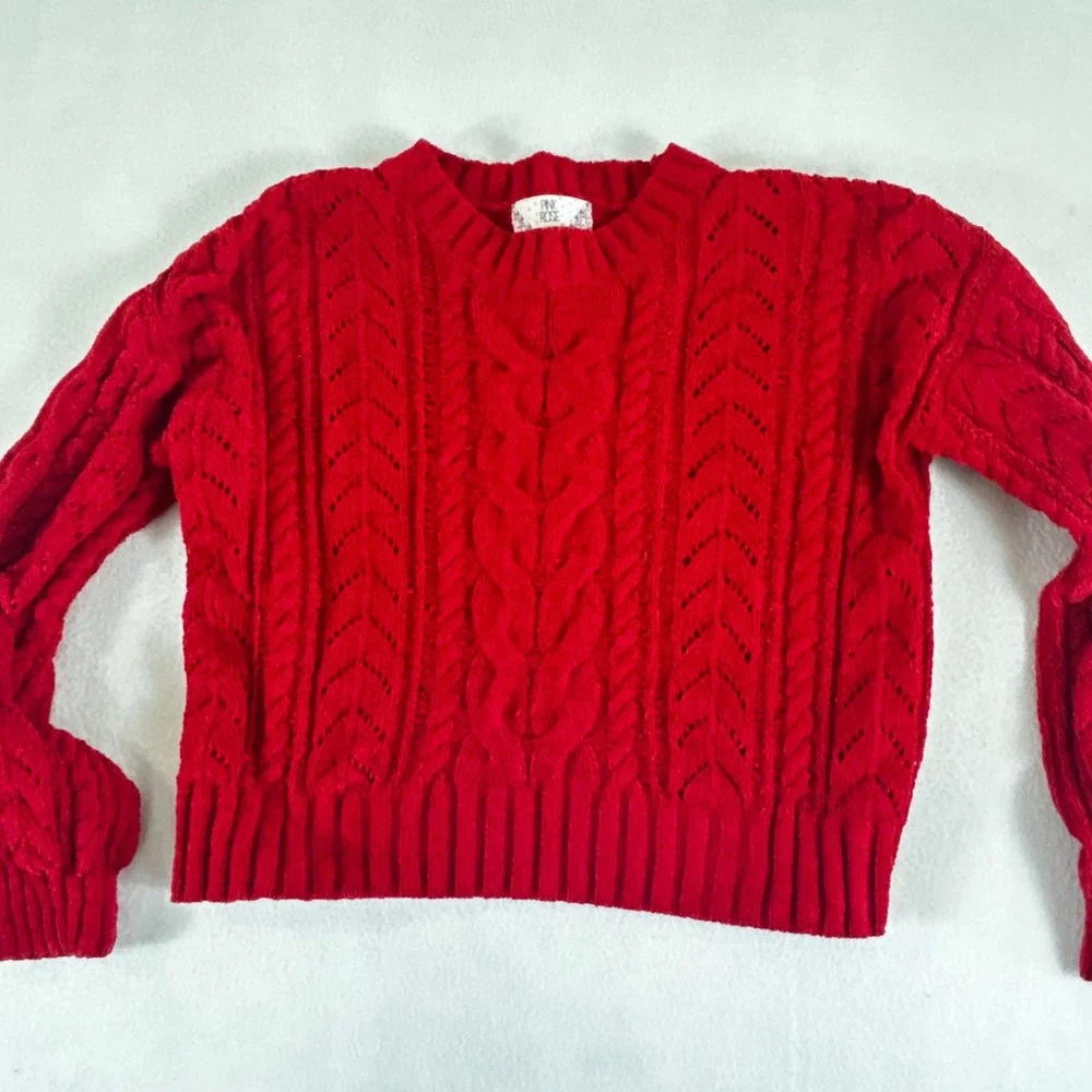 Pink Rose Red Chenille Cable Knit Sweater Womens Medium ‎ Recycled Pullover